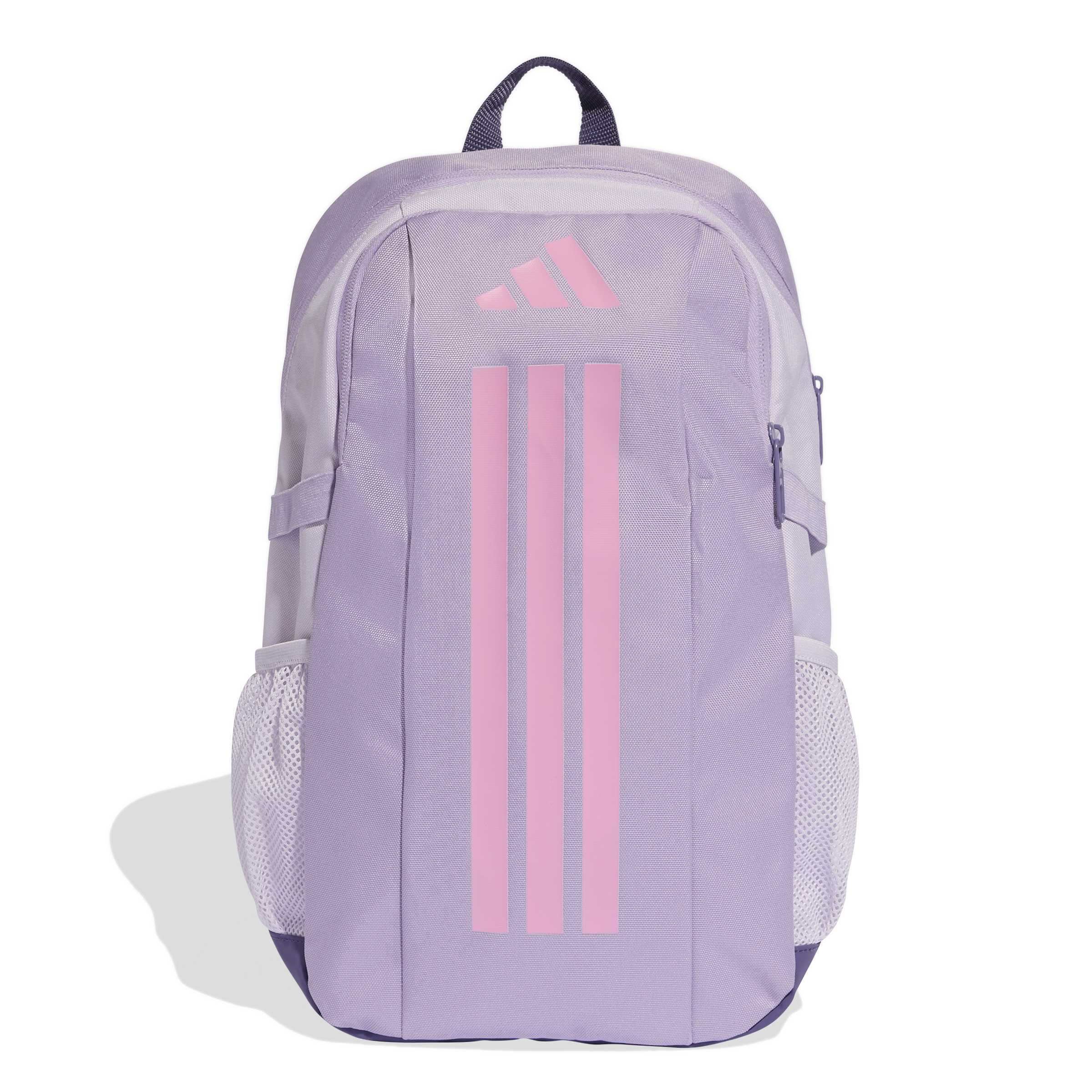 Mochila Adidas esportiva roxa com detalhes rosa vista traseira em fundo branco